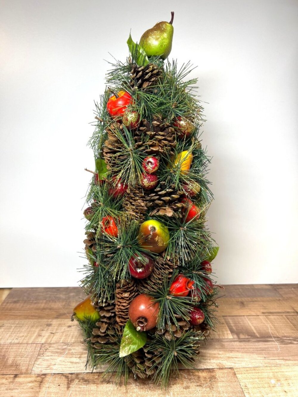 Holiday Centerpiece Pinecone Tree With Faux Fruit & Greenery Accents Glitter 17